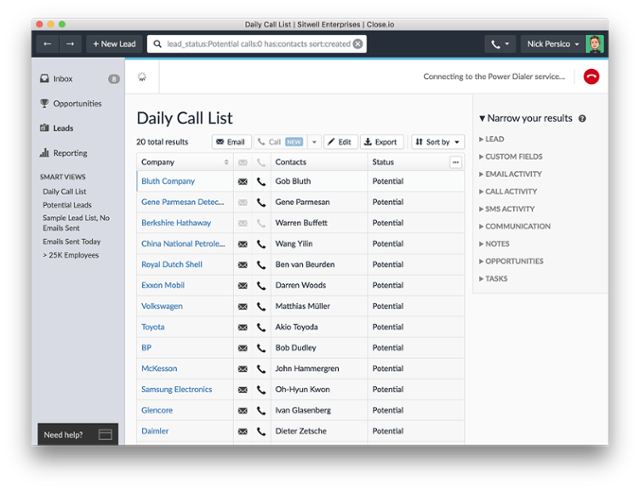 close-io-power-dialer-anrufliste